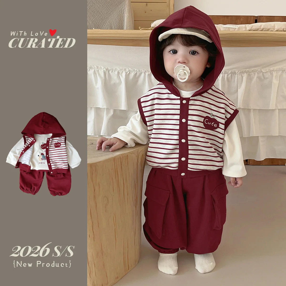 Spring Boys' Set 2026 New Men's Baby Hoodie Vest 3-Piece Set Infant Sports and Leisure Clothing Children's Clothing
