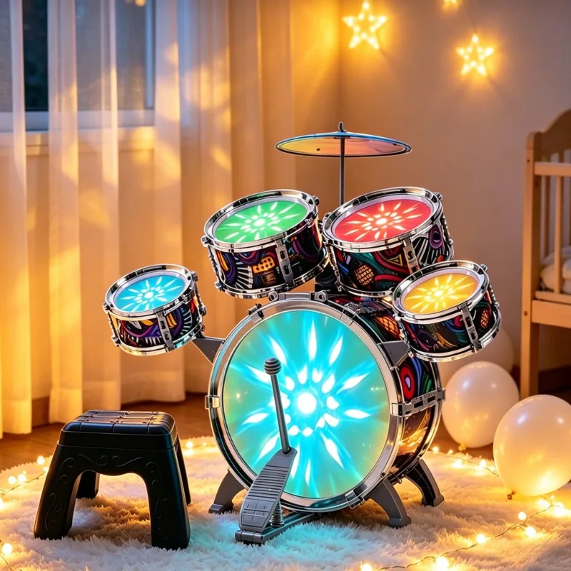 Kids LED Light Jazz Drum Set Simulation Percussion Instrument Toy Educational Musical Learning Drum Kit Toddler Children Gift