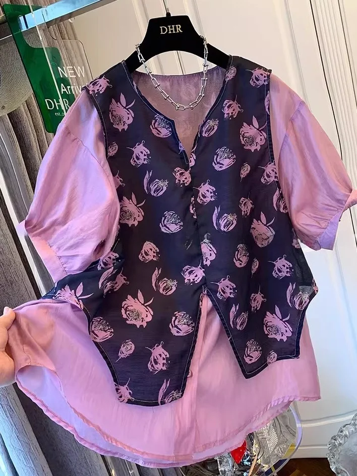 

plus Size Women's Bubble Sleeve Vest Floral Patchwork Summer Shirt Korean Style Loose Fit Skin-friendly Breathable Polyester
