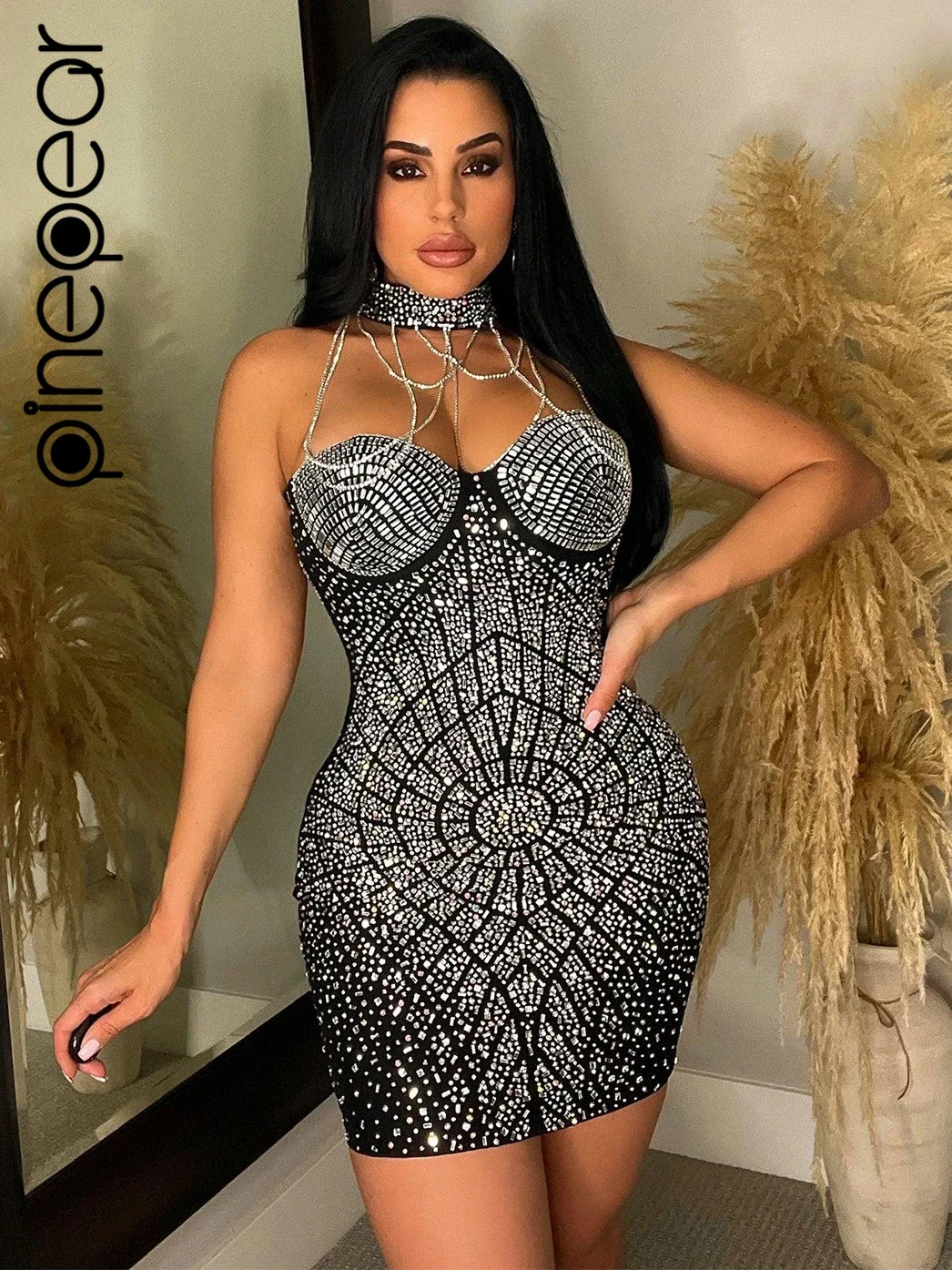 PinePear Diamond Chain Tassel Turtleneck Strapless Backess Bodycon Bandage Mini Dress 2024 Women Luxury Birthday Party Dress