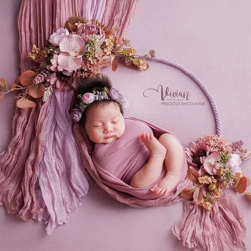 Newborn Photography Props Retro Florals Purple Theme Set Bubble Wrap Flowers Headband Blanket Decorations for Studio Photoshoot
