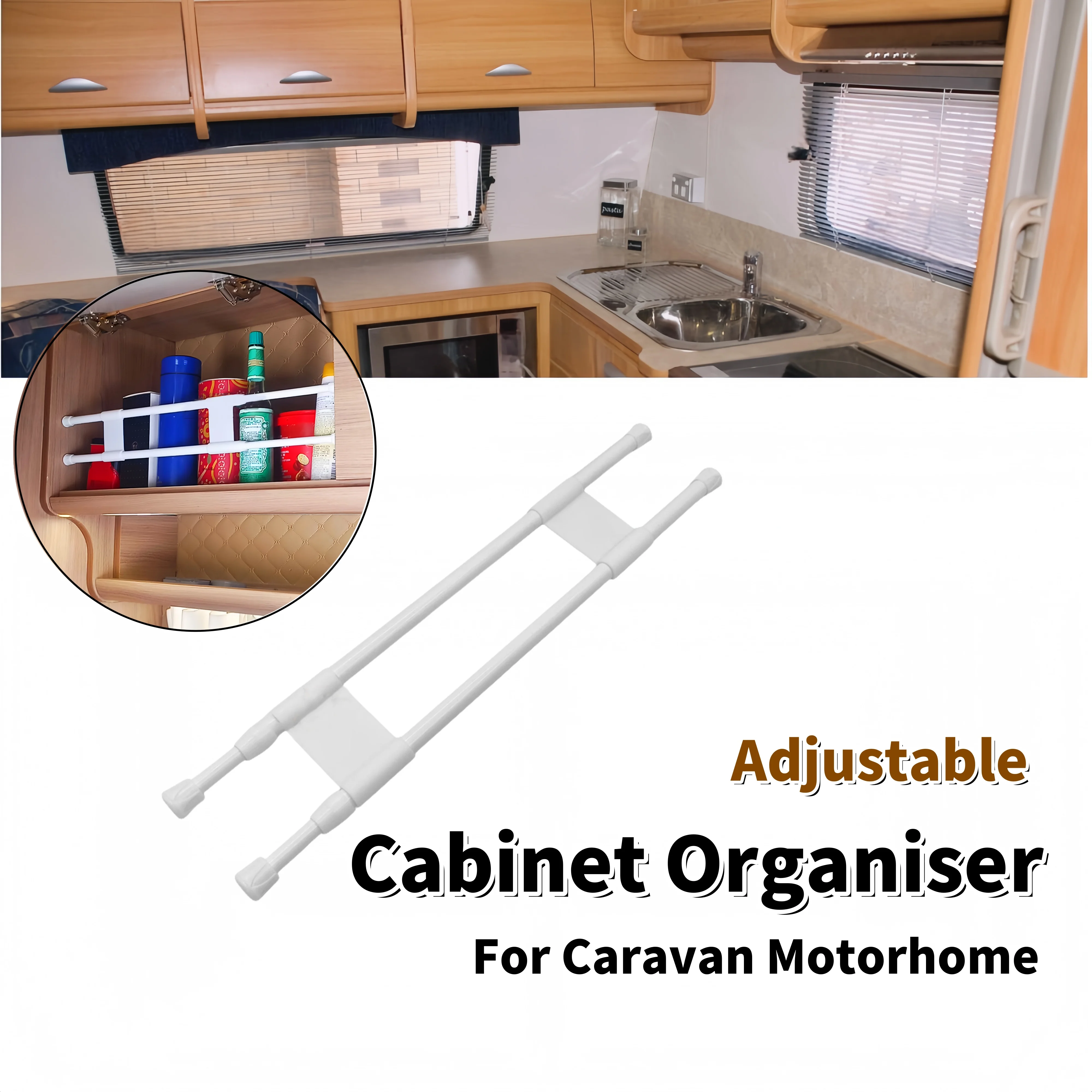 

Caravan Cabinet Hanger Organiser Fence RV Interior Extendable Storage Cabinet Refrigerator Bar Adjustable Tension Fridge Storage