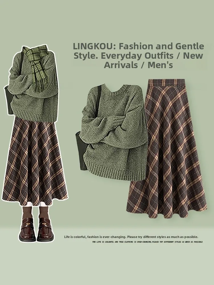 

Stunning Knitted Sweater And Plaid Skirt Set for Women round Neck High Waist Vintage Style Autumn Winter Fashion Ensemble