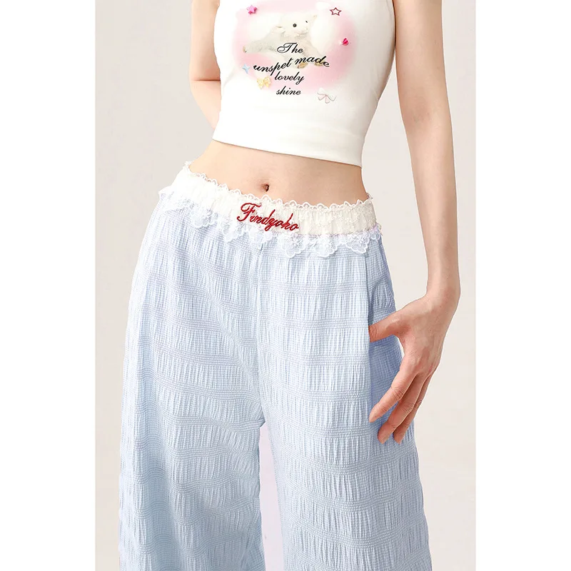 

Thin Bamboo Lace Low Waisted Casual Pants For Women 2024 Summer Straight Leg Loose Wide Leg Pants