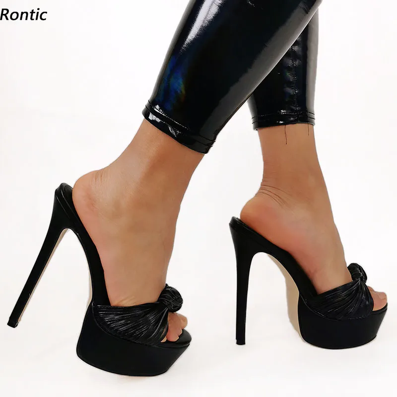 Rontic Handmade Women Platform Mules Sandals Sexy Knot Stiletto Heels Open Toe Pretty Black Party Dress Shoes US Size 5-20