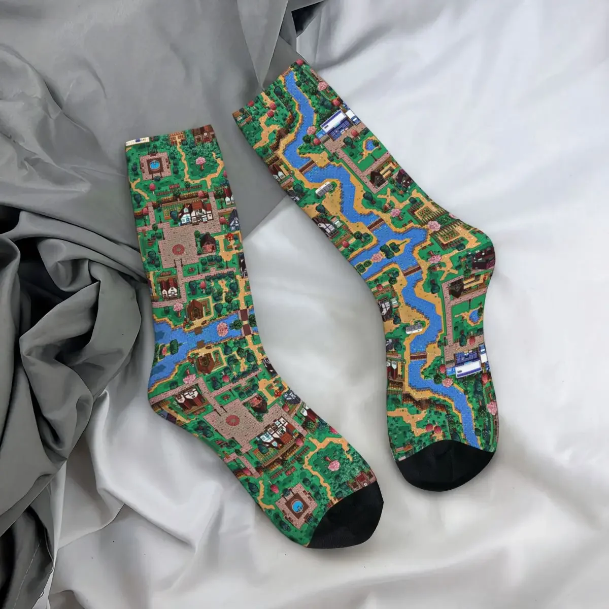 Stardew Valley Town Map calcetines Harajuku, medias Súper suaves, todas las estaciones, calcetines largos, accesorios para hombres y mujeres, regalo de cumpleaños