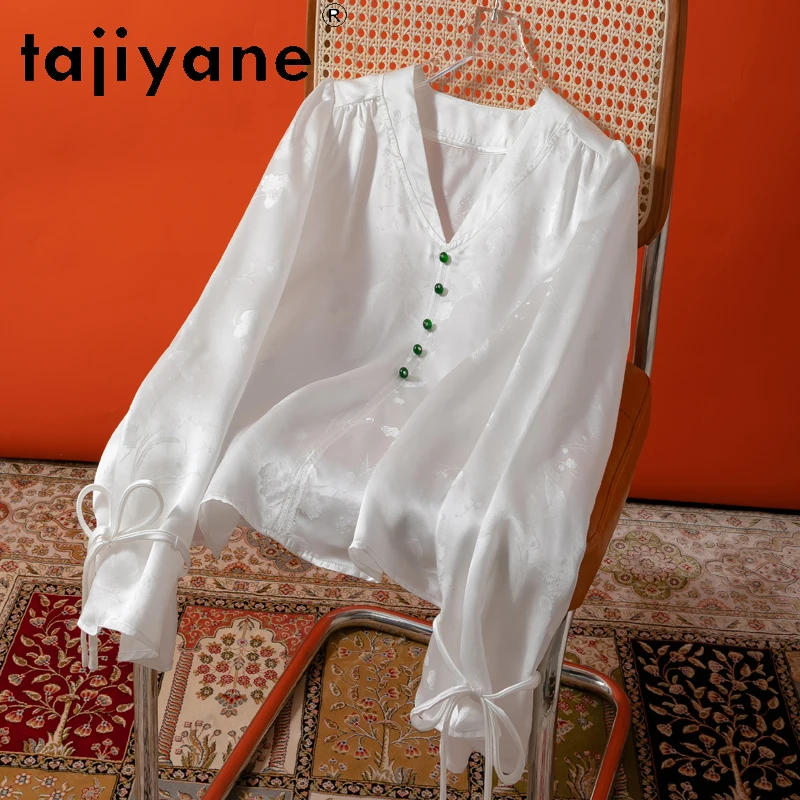 

TAJIYANE 100% Mulberry Silk Blouse Luxury White Shirts Woman High Quality V-neck Flared Sleeves Blouses Summer Clothes Blusas
