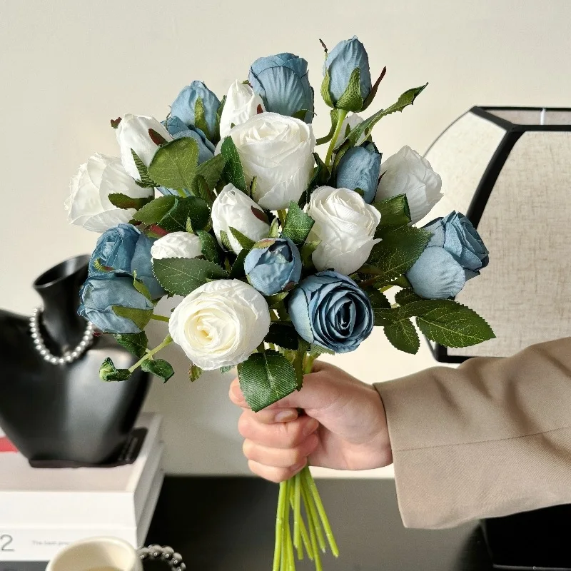 

Vintage Charcoal Edge 2 Small Roses Simulated Bouquet Home Living Room Wedding Decoration Flower Arrangement Ornament