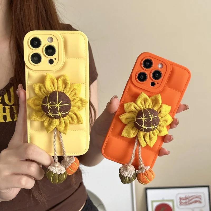 

Bright fabric sunflower phone case suitable for iPhone 16 15 14 13 12 Pro Max Puls fabric bell fun phone case