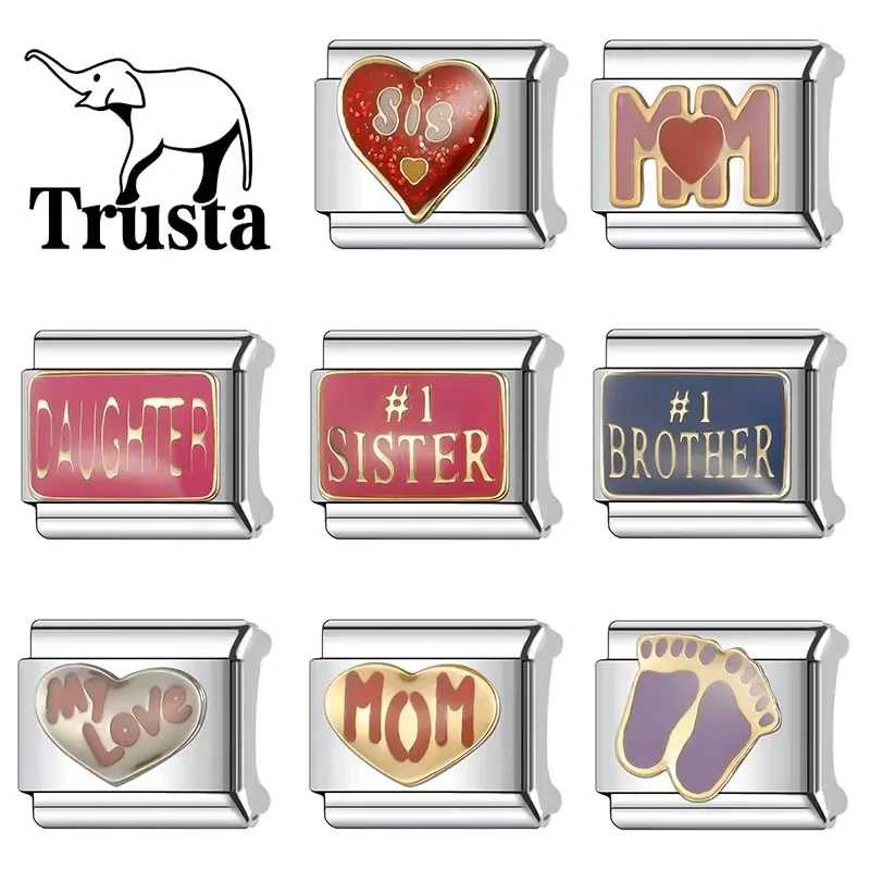 Trusta 2024 New Romantic Wings Heart Charm Italian Links 9mm Bracelet Stainless Steel For Women DIY Jewelry Wholesale N060