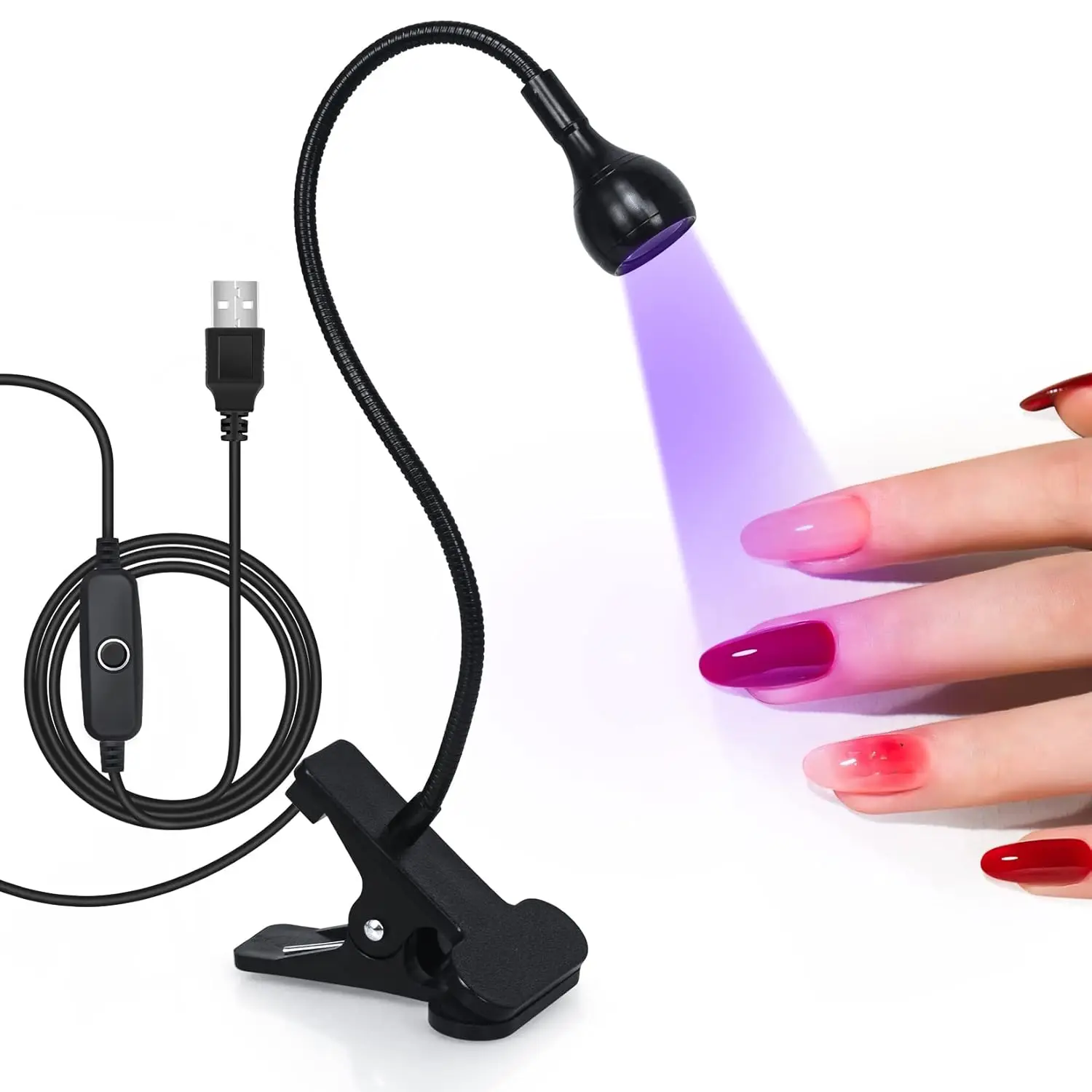 

4-Level Adjustable Gooseneck Nail Lamp with Clip – USB Rechargeable LED Nail Dryer, Fast Curing & No Skin Darkening