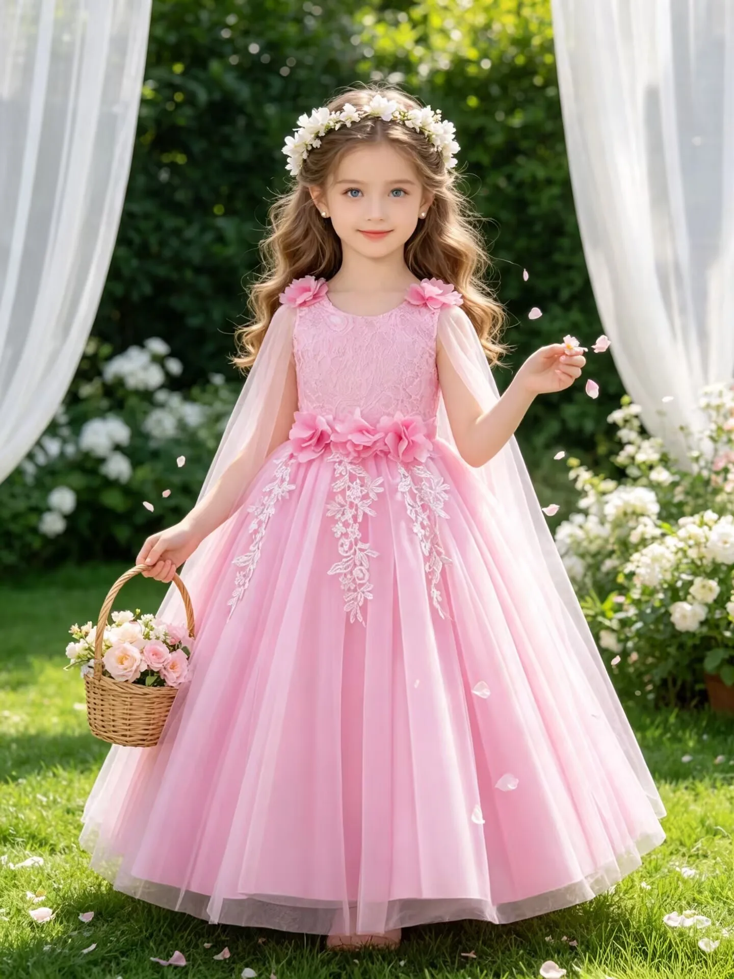 HETISO Appliques Flower Princess Wedding Dresses for Girls Shawl Mesh Kids Children's School Birthday Holiday Gowns 3-12Y