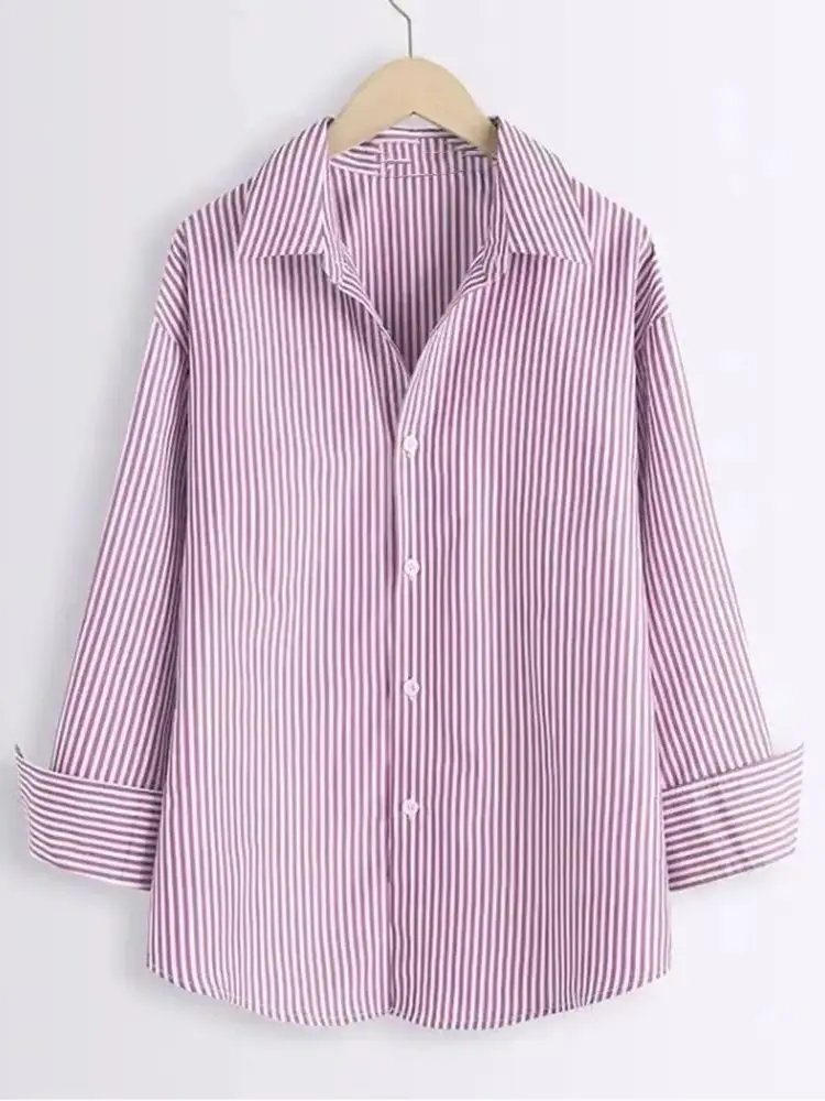 قميص نسائي صيفي غير رسمي بياقة فضفاضة مخطط قميص كوري جديد أنيق للمكتب للسيدات بأكمام طويلة قميص علوي كبير الحجم #4