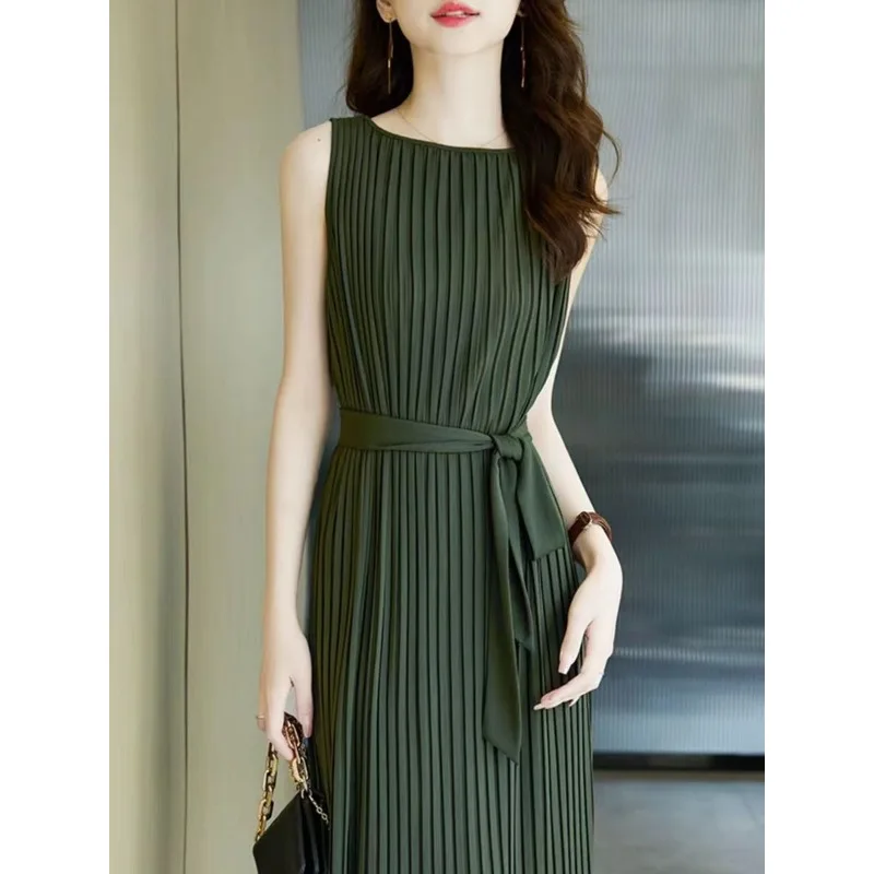 

Summer Spring Women's Wear Dress Round Neck Sleeveless Luxurious Fitted Waist Pleated Flattering New Versatile Slimming Elegant