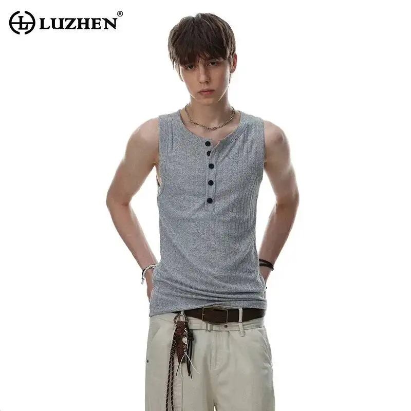 LUZHEN 2026 Summer Solid Color Single Buttoned Round Neck Sleeveless T-shirts Men's Stylish Handsome Casual Male Pullover JY7666