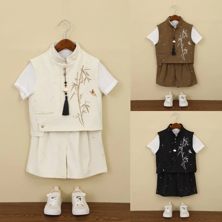 Boys Chinese Bamboo Embroidery Shorts Set Short Sleeve Shirt Glitter Fabric for Spring Festival Birthday Stage Party Costume 8 Y