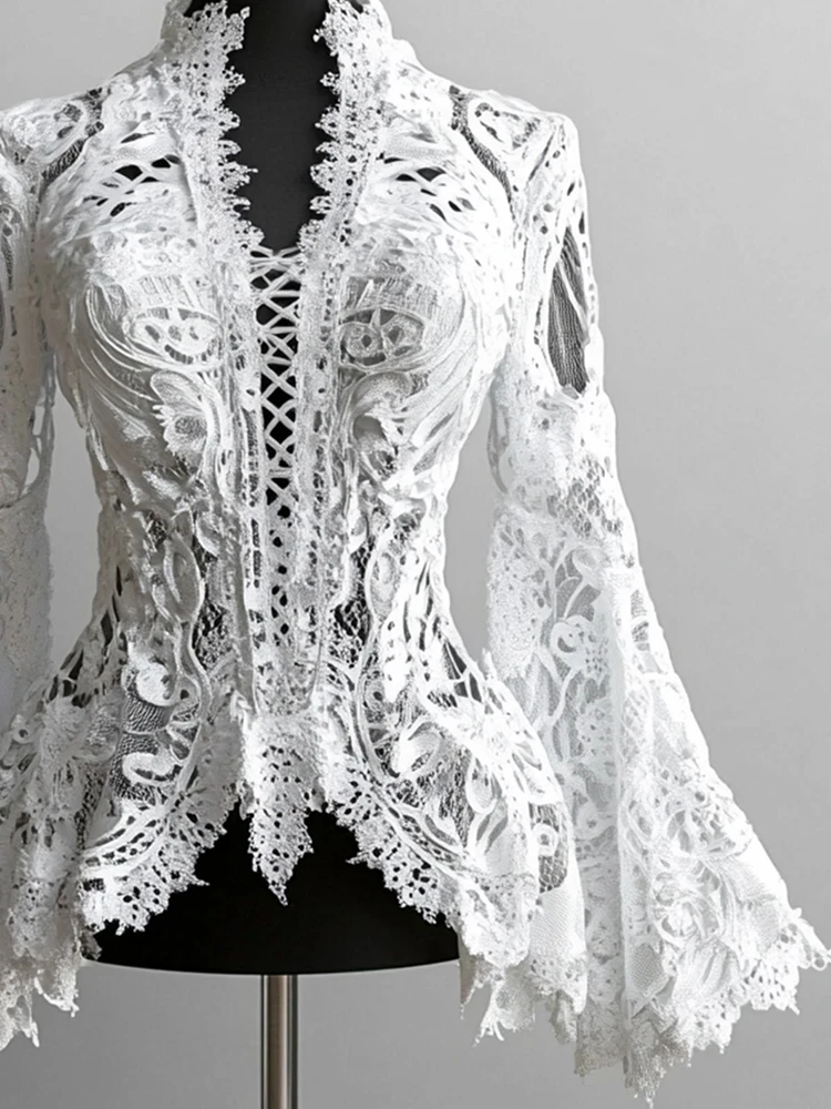 

Elegant Lace Patchwork Blouse Sexy Hollow Out For Women Lace-Up Gothic Black Top Flare Sleeve Irregular Ruffle Trim Chic Blouses