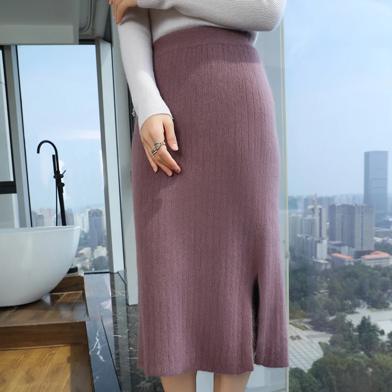 

2024 Autumn and Winter Mid-Length Knitted Mink Cashmere Skirt Women's High-Waisted Split Wool Skirt Fashion Retro Wrap Hip Skirt