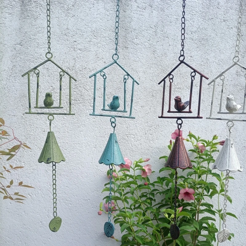 Vintage Swing Bird Wind Chime Cast Iron Bell Pendant Hand Cranked Doorbell Villa Garden Decoration Wind Chime Pendant