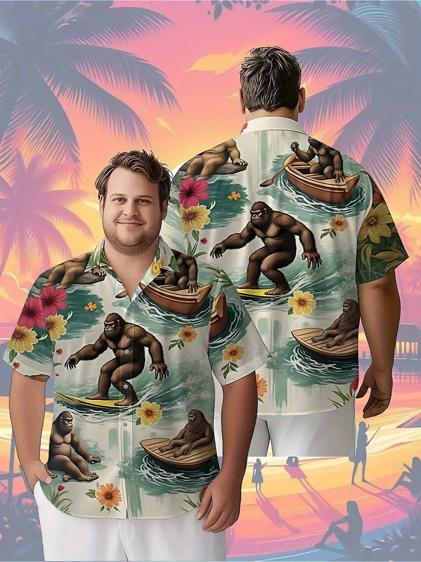 Men's Plus Size Hawaiian ShirtsGorilla Surfing and Dancing with Nature_pattern,Premium Comfort Youth Clothes,Streetwear Y2K Tops