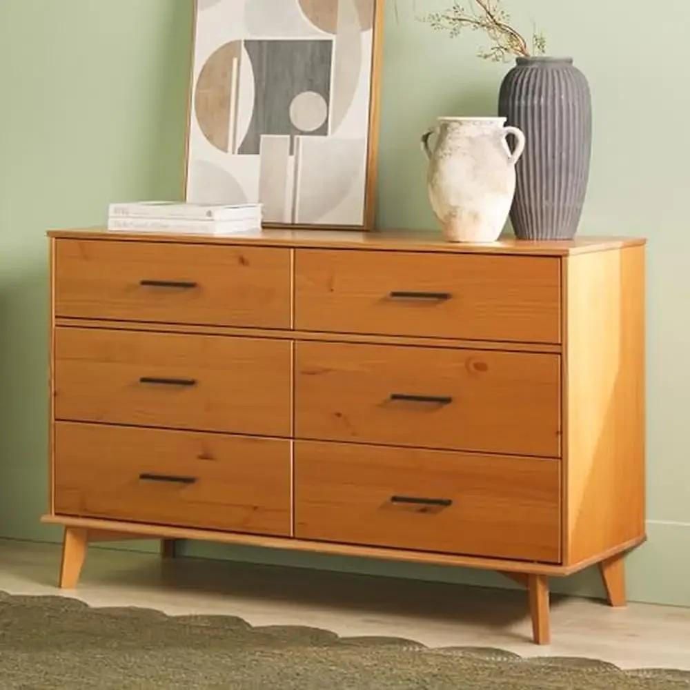 Modern Solid Pine 6-Drawer Dresser Metal Handles Storage Space Caramel Finish  Pine Wood Chic Handles Generous Organization