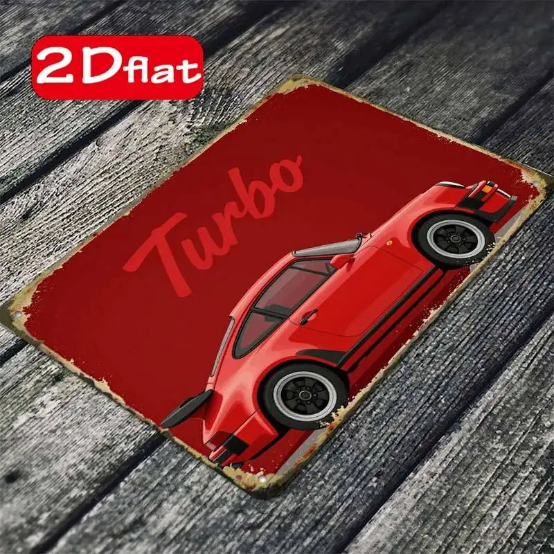 2D Flat Retro Red Turbo Sports Car Metal Wall Plaque, Iron Wall Art Decor for Garage, Cafe, Man Cave & Car Lover Gift.