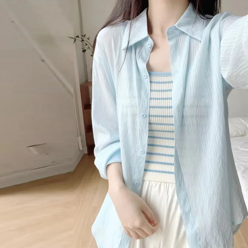 

Sun Protection Shirt Mid-length Model Solid Color Blue Top Lycell Fiber Cardigans Thin Coat Women's Summer Shirt button upshirts