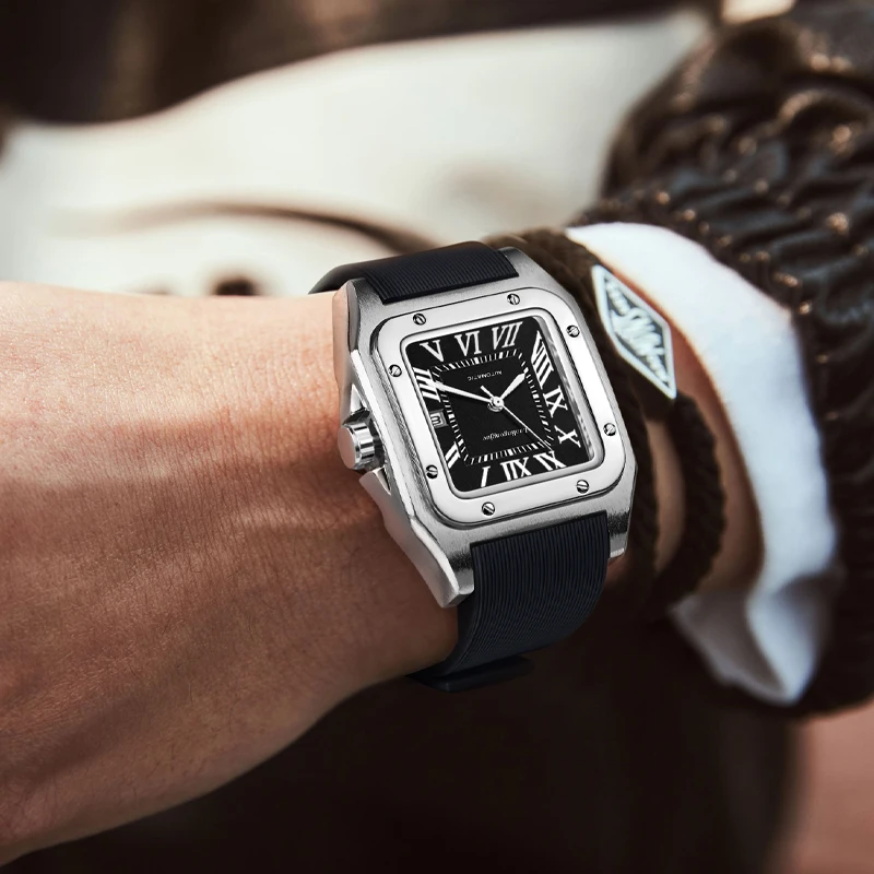 ساعة ميكانيكية للرجال من سلسلة تانك على الطراز الأوروبي والأمريكي، لف تلقائي، تصميم هيكل عظمي، حزام سيليكون، ساعة رجالية كاجوال عصرية متعددة الاستخدامات، الاختيار الأول لتقديم الهدايا، ساعة يد ذات علامة تجارية مشهورة