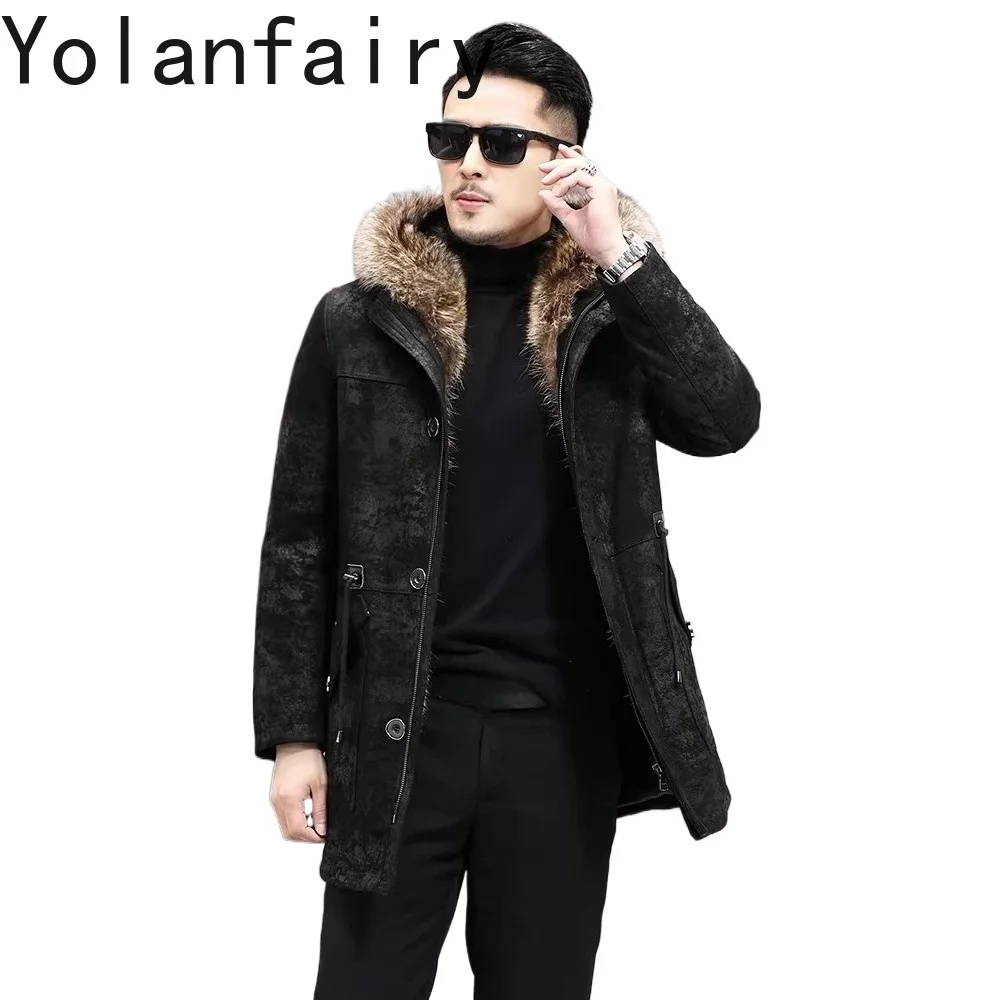 

YOLANFAIRY Genuine Leather Jacket Men Winter Warm Parkas Detachable Mink Fur Liner Coats 100% Leather Coat Raccoon Fur Collar