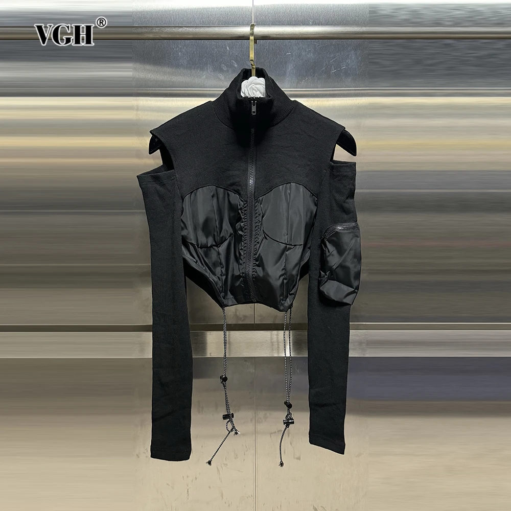 VGH Solid Loose Short Shirt For Women Stand Collar Long Sleeve Patchwork Lace Up Hollow Out Casual Blouse Female Fashion Style