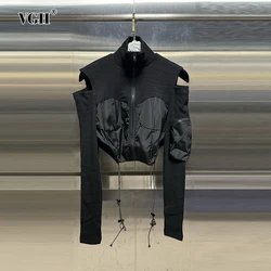 VGH Solidna luźna krótka koszula dla kobiet ze stójką i długim rękawem Patchwork Lace Up Hollow Out Casual Blouse Female Fashion Style