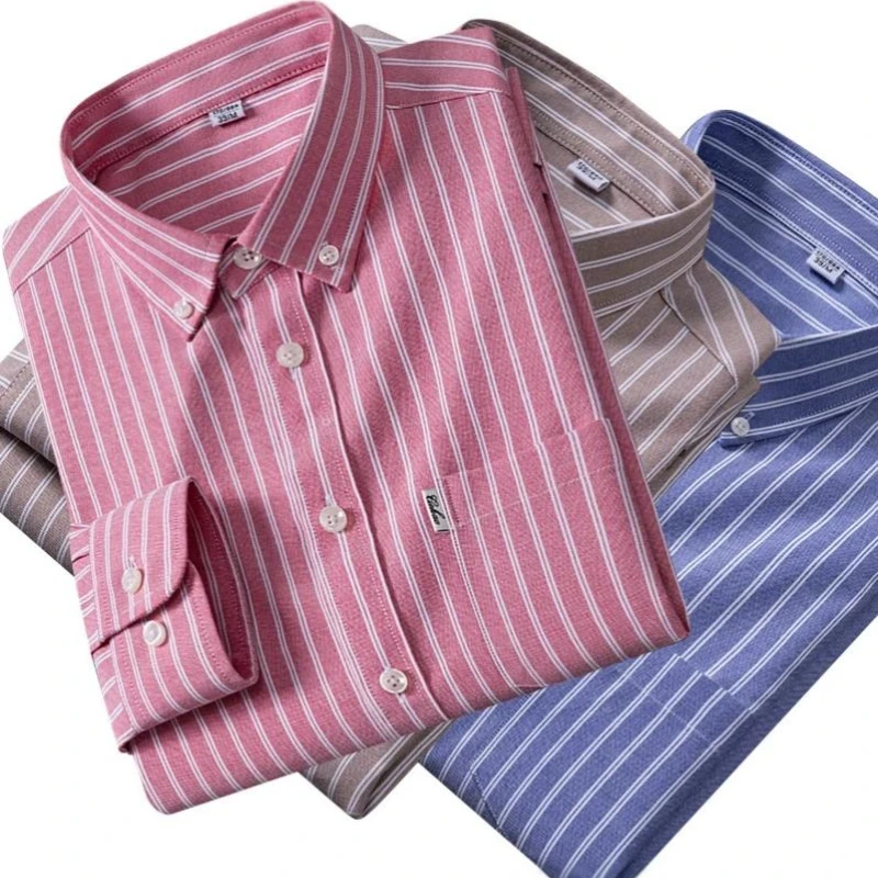 Man Shirts Long Sleeve with Stripes Classic Solid Color 100% Cotton Business Casual Formal Easy-care Long Sleeve Shirt for Men