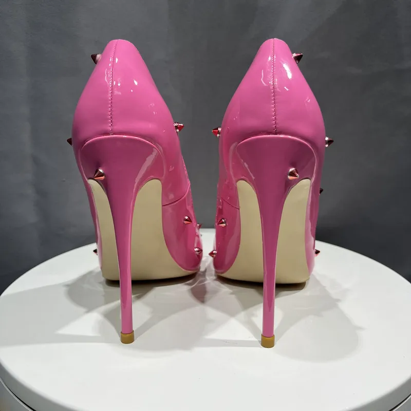 Tikicup Women Patent Pink Pointy Toe High Heel Shoes with Spikes Sexy Ladies Rivets Party Stiletto Pumps Big Size 43 44 45