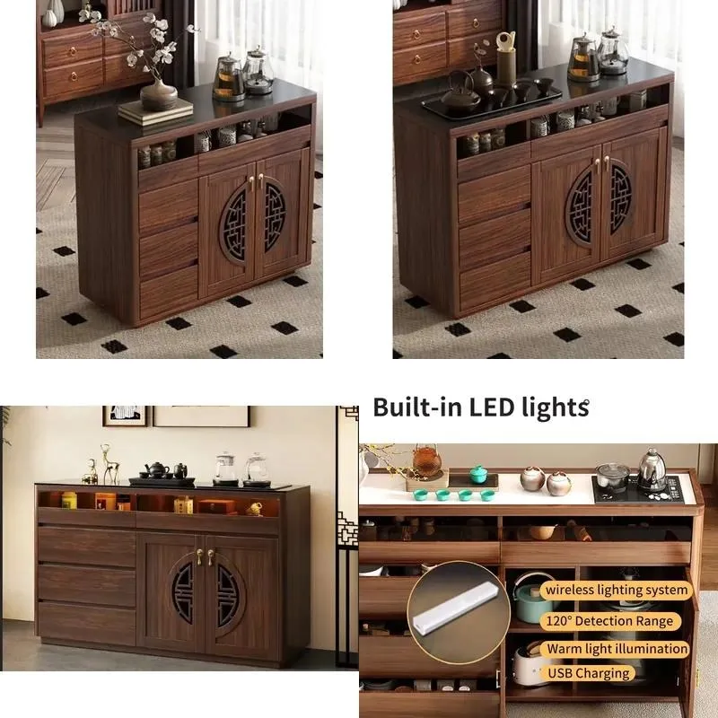 Adjustable Height Solid Wood Tea Bar Cabinet with Smart Kettle Tempered Glass Countertop and LED Sensor Light Eco Friendly