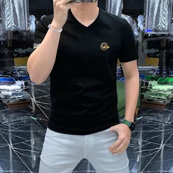 Men's V-neck T-shirt Summer Short Sleeved Tees Casual Business Luxury Brand Fashion Male Clothing Cotton High-quality Man Tops