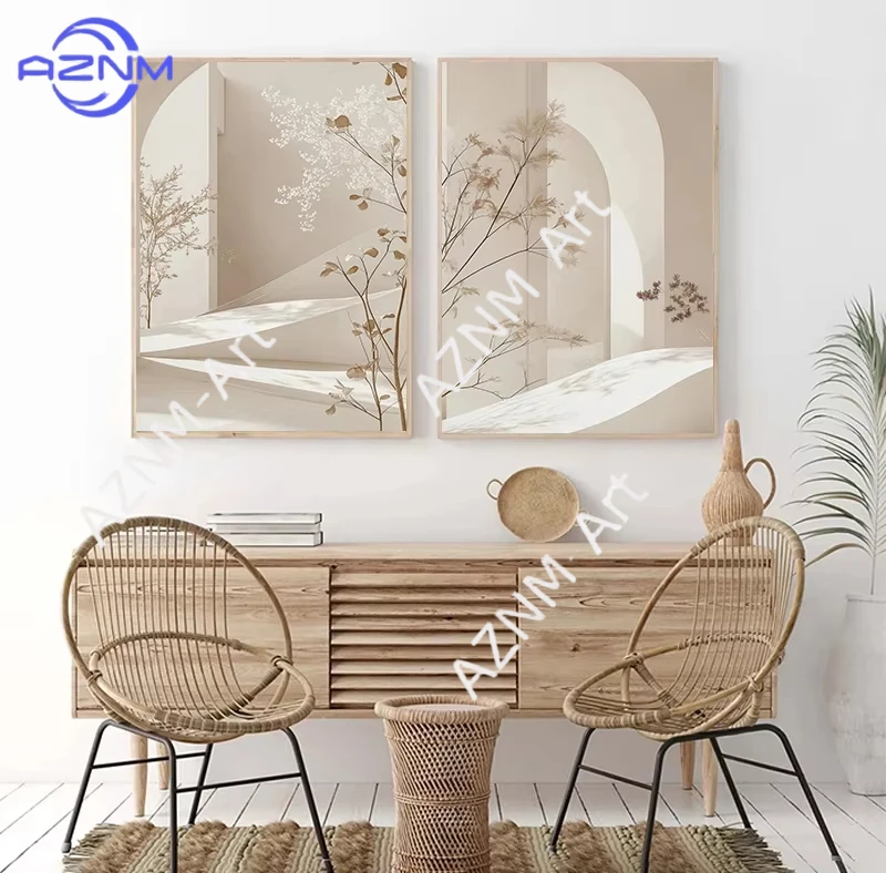 1PC/2PCS Minimalist Arch Landscape Flower Neutral Contemporary Canvas Painting Print Boho Wall Art Poster for Modern Home Decor