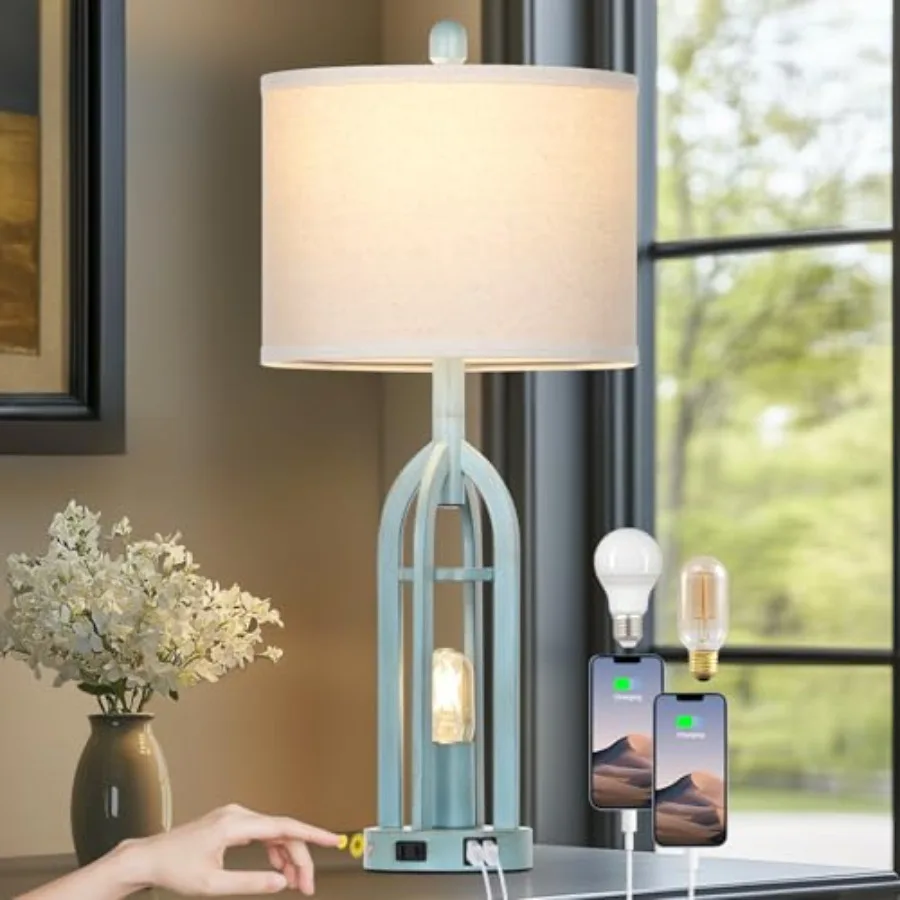 

27" Industrial Farmhouse Table Lamp, Vintage Rustic Beside Lamp with USB A+C Charging Ports and AC Outlet, Metal Nightstand Lam