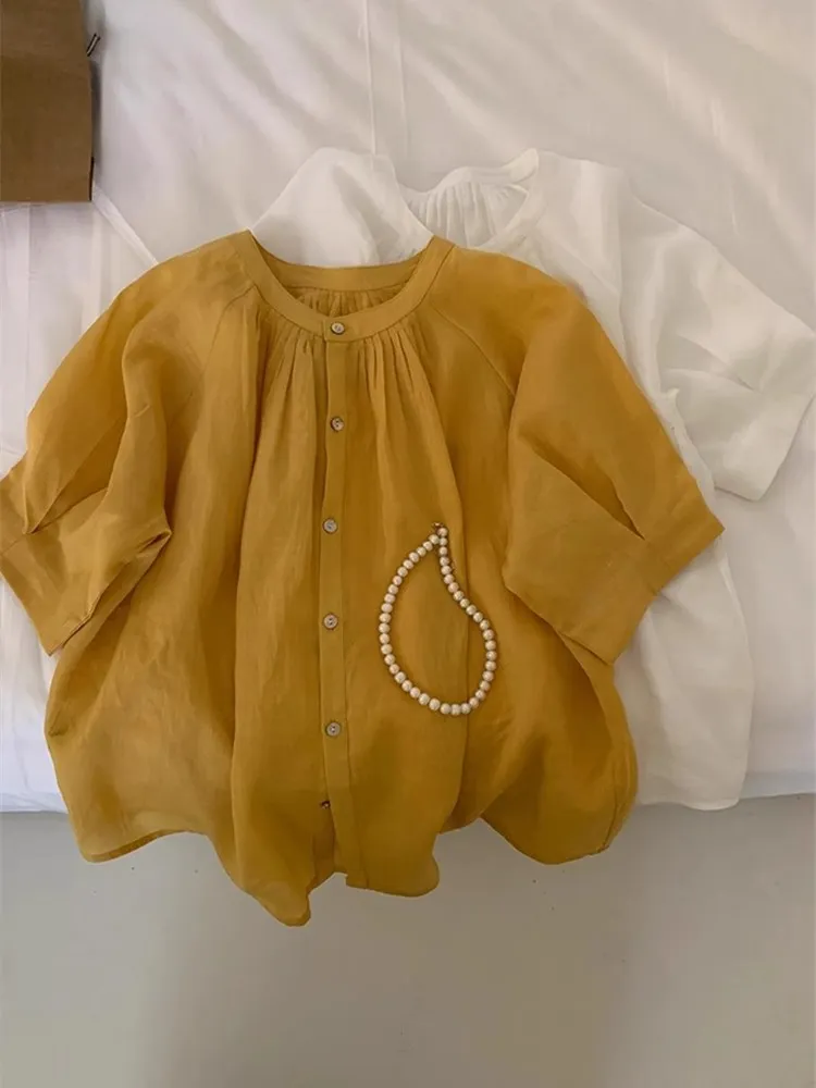 

Korean Sle round Ne Loose Fit Slimming Women's T-irt ort Sve Cotton Linen Blend Summer New Arrival irt