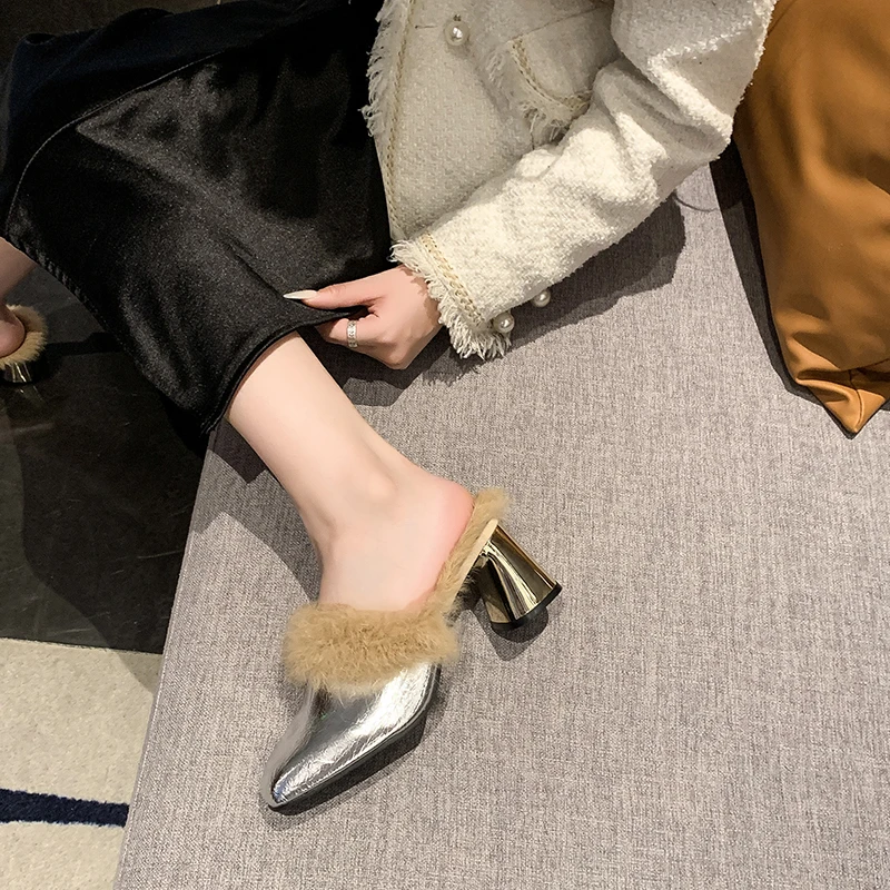 Slip on Simple Shoes Outwear Woman Warm Shoes Mules Natural Suede Flat Shoes for Women SlippersMules Women's Fur Flats Slippers