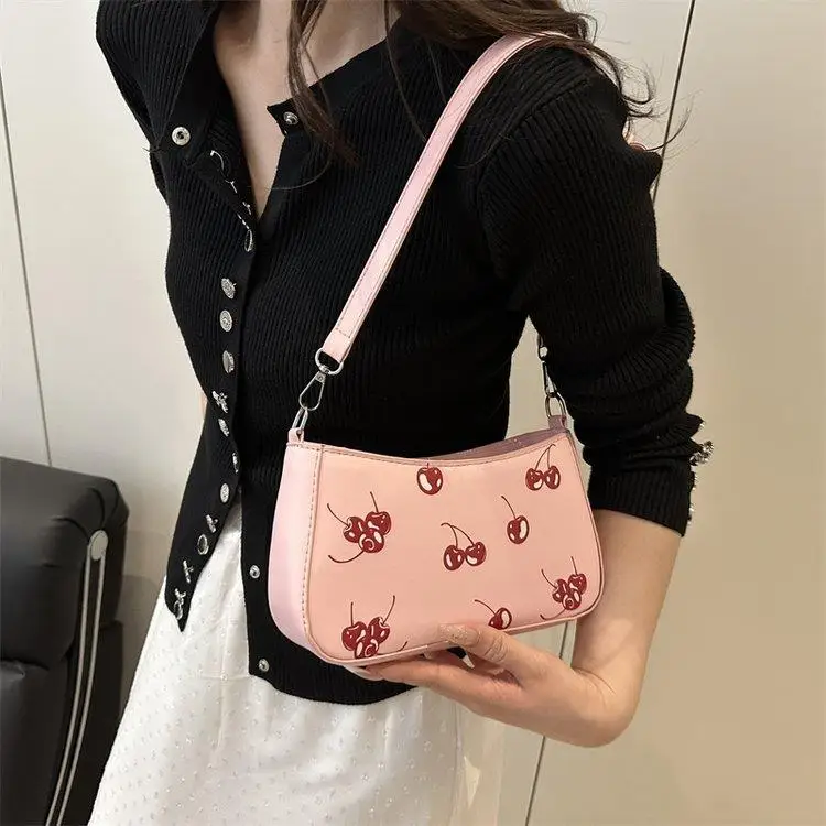 Cute Cherry Print Underarm Bag Women's Fashion Simple Crossbody Shoulder Bag Handbag Hobo Style Daily Use Autumn New Arrival