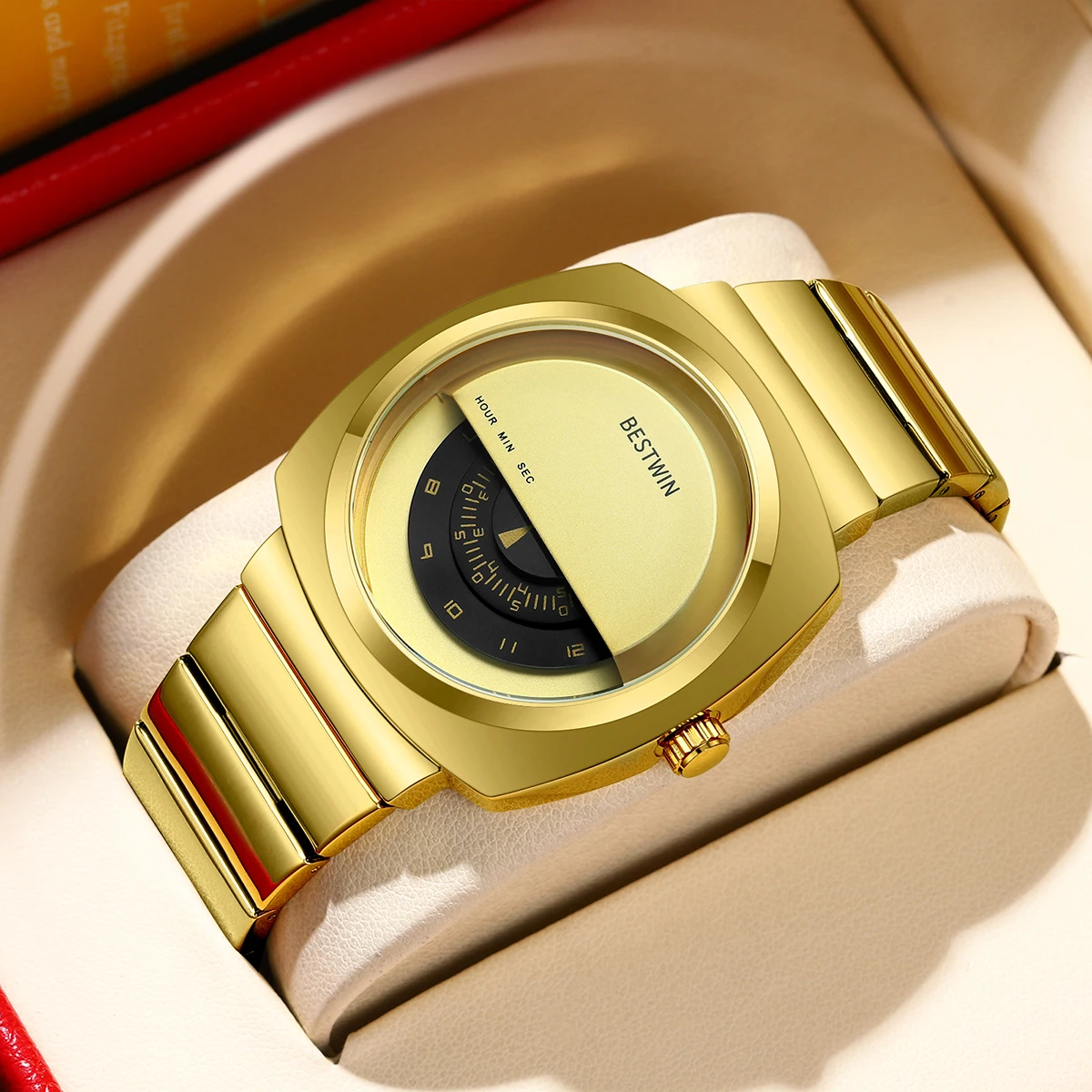 

Luxury Men Watch Unusual Style Conceptual Dial Men's Quartz Wristwatch Full Gold Golden Color Brand Watches Hip Hop Man Clock