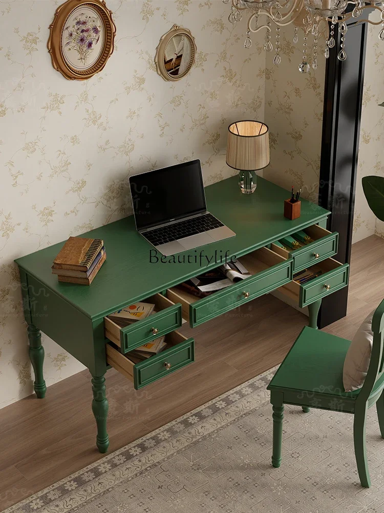 yj5 Vintage Style Two-in-One Office Desk Solid Wood Computer Living Room Writing Desk Simple Home Use