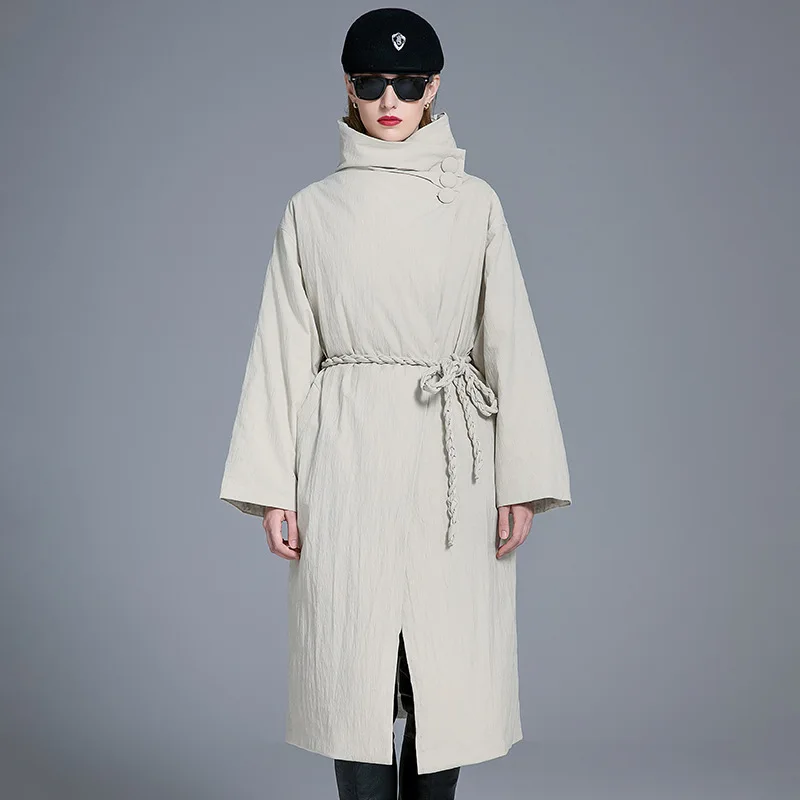 

Luxury Brand White Duck Down Puffer Jacket Stand Collar Long Down Jacket Winter Warm Thick Coat Windproof Jacket Buttons Belt