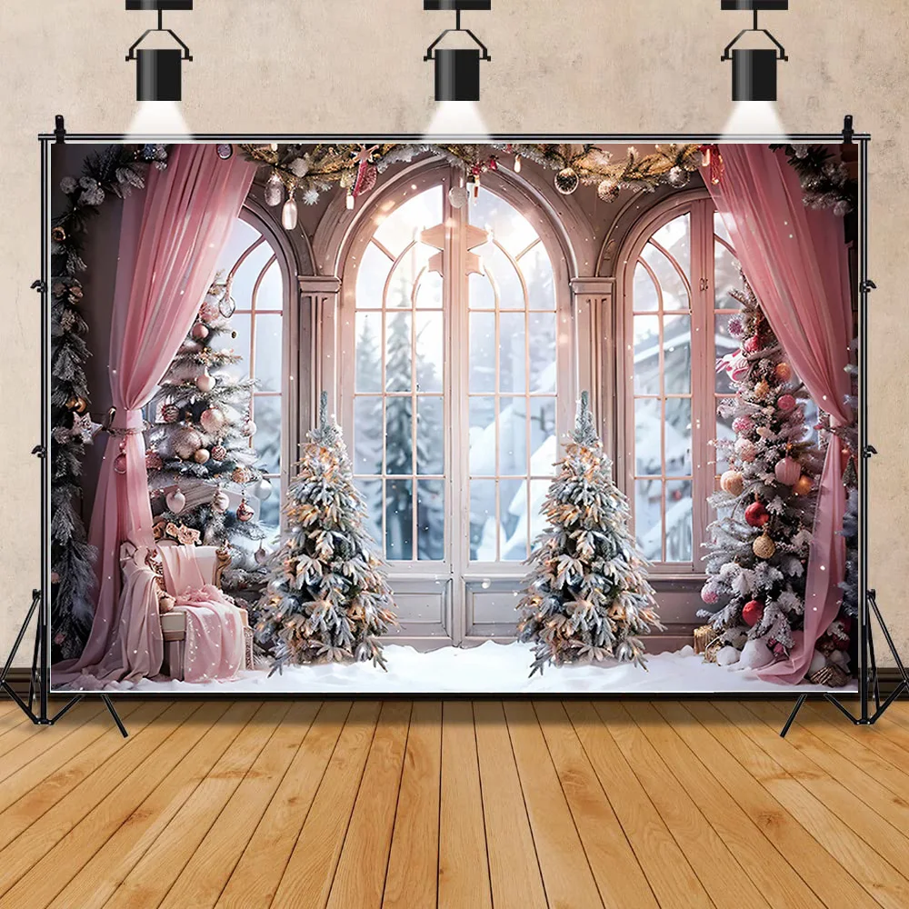 

Vinyl Custom Christmas Tree Window Wreath Photography Backdrop Wooden Doors Snowman Cinema Pine New Year Background Prop ANT-08