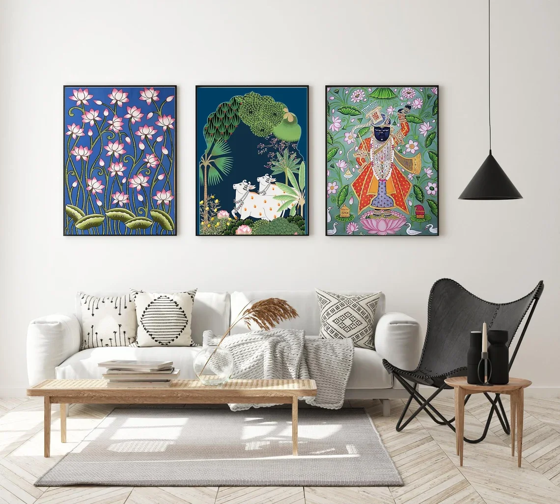 Indian Traditional Wall Art Print, Lotus Cow Decor Painting, Ethnic Poster Set, Spiritual Artwork for Living Room Bedroom