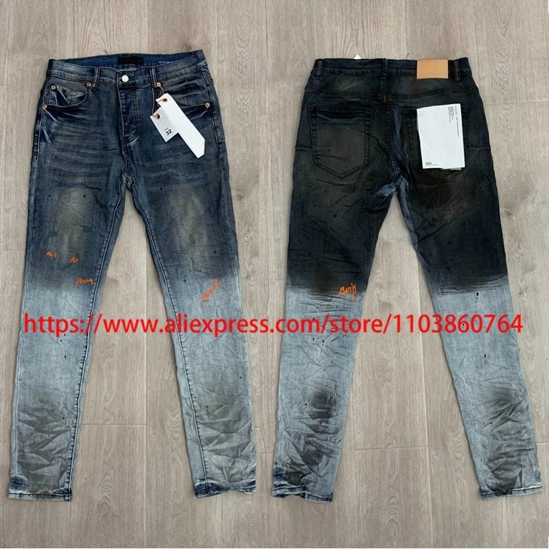 

High Quality Gradient Color Ink Dot Graffiti Jeans Street Hip-hop Trendy Men Women Slim Denim Trousers