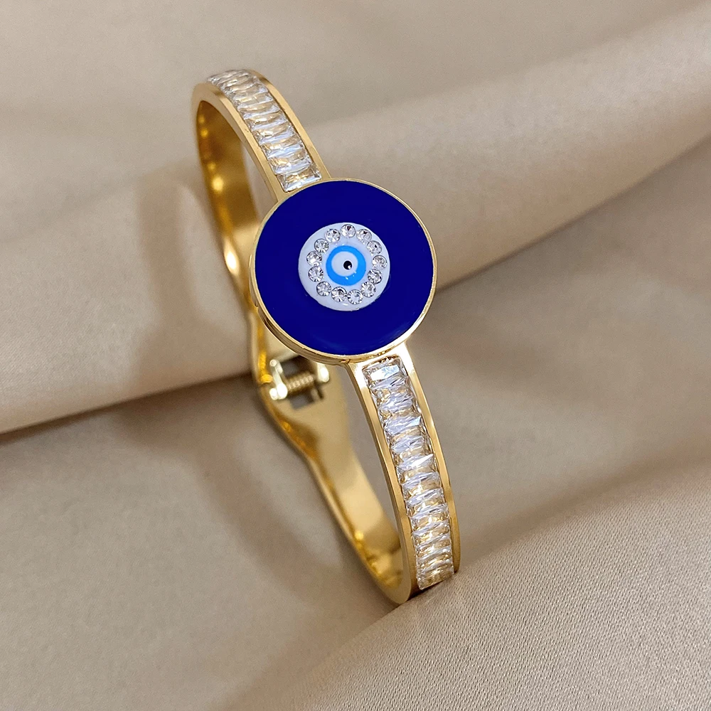 Evil Eye Stainless Steel Charm Bracelet, Rhinestone