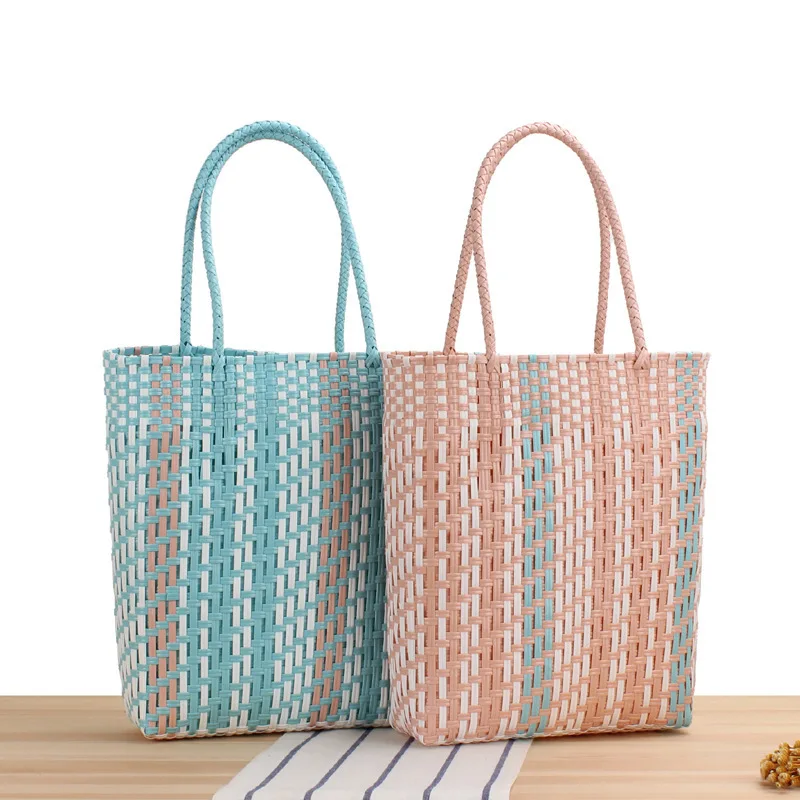 Japanese and Korean plastic waterproof striped bag Foreign trade shopping bag Single shoulder bag Fashion woven women's bag