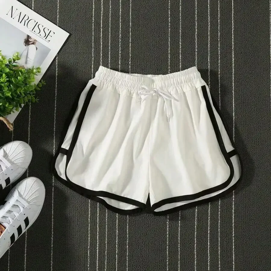 

White Sport Shorts With Black Trim Casual Drawstring Waist Loose Fit Summer