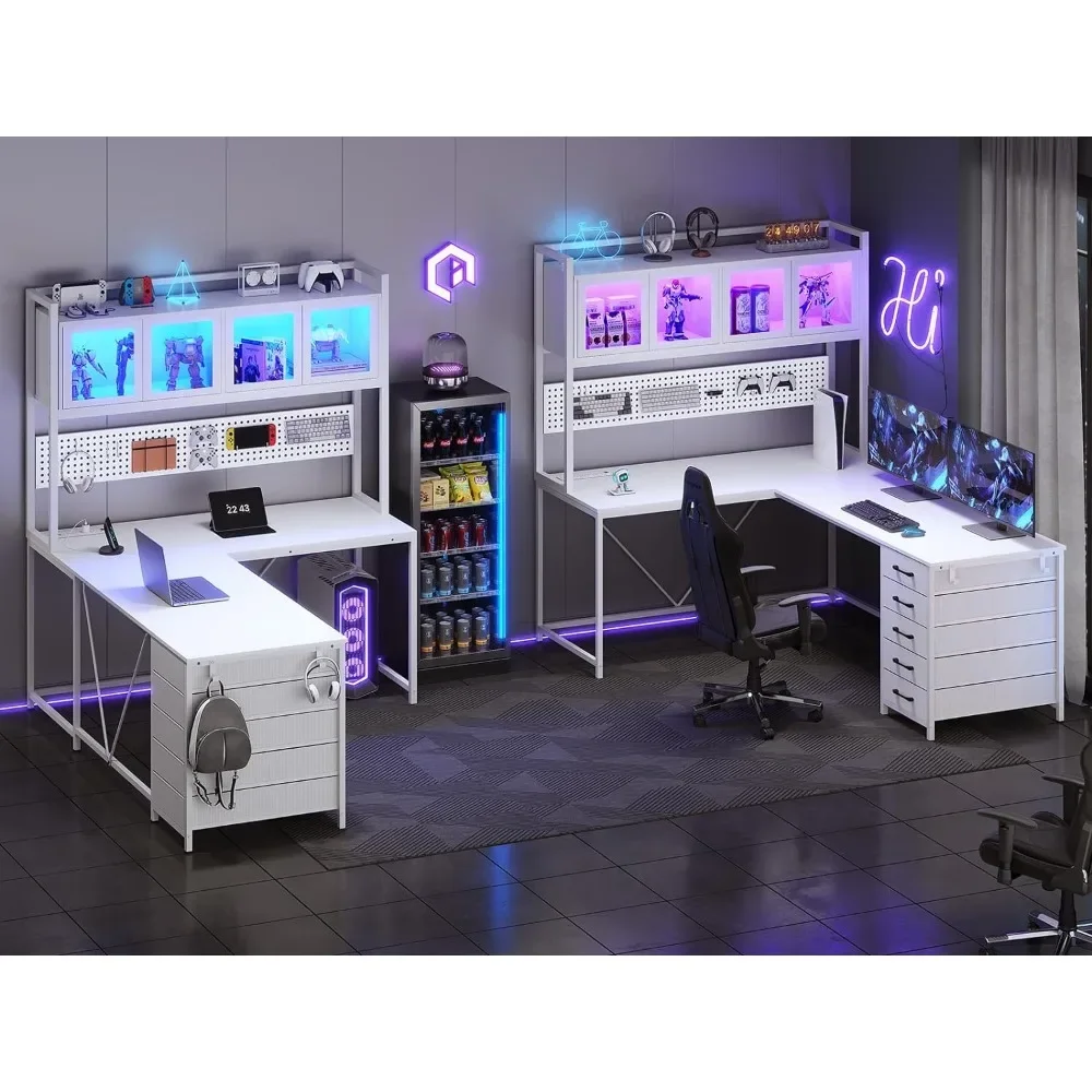 Scrivania per Computer a forma di L con ripiani, pannello forato, luci a LED, prese, scrivania per l'home Office, tavolo ad angolo, grande tavolo da gioco